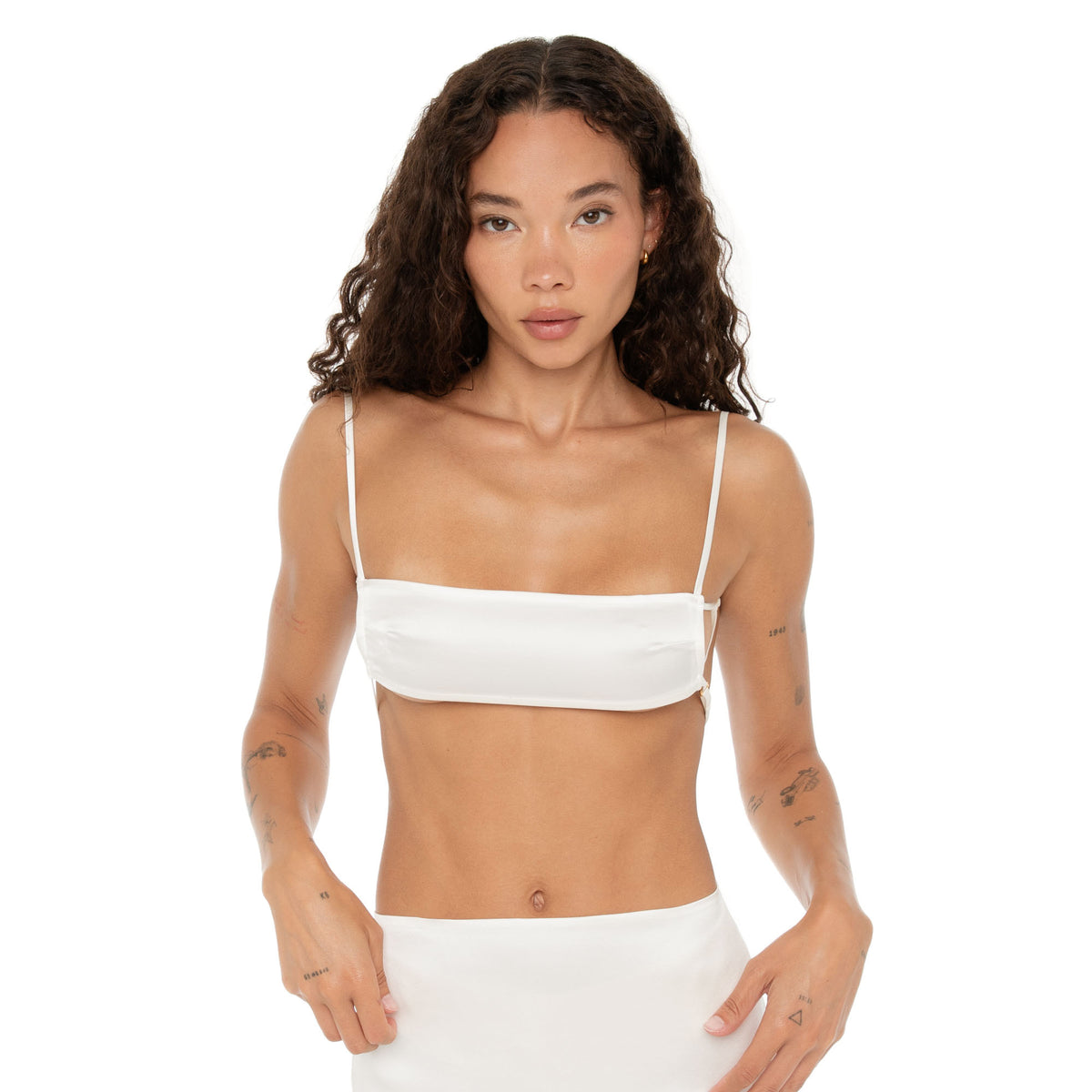 Missi Bra in white silk charmeuse, straight-on close-up of neckline and bust. **white