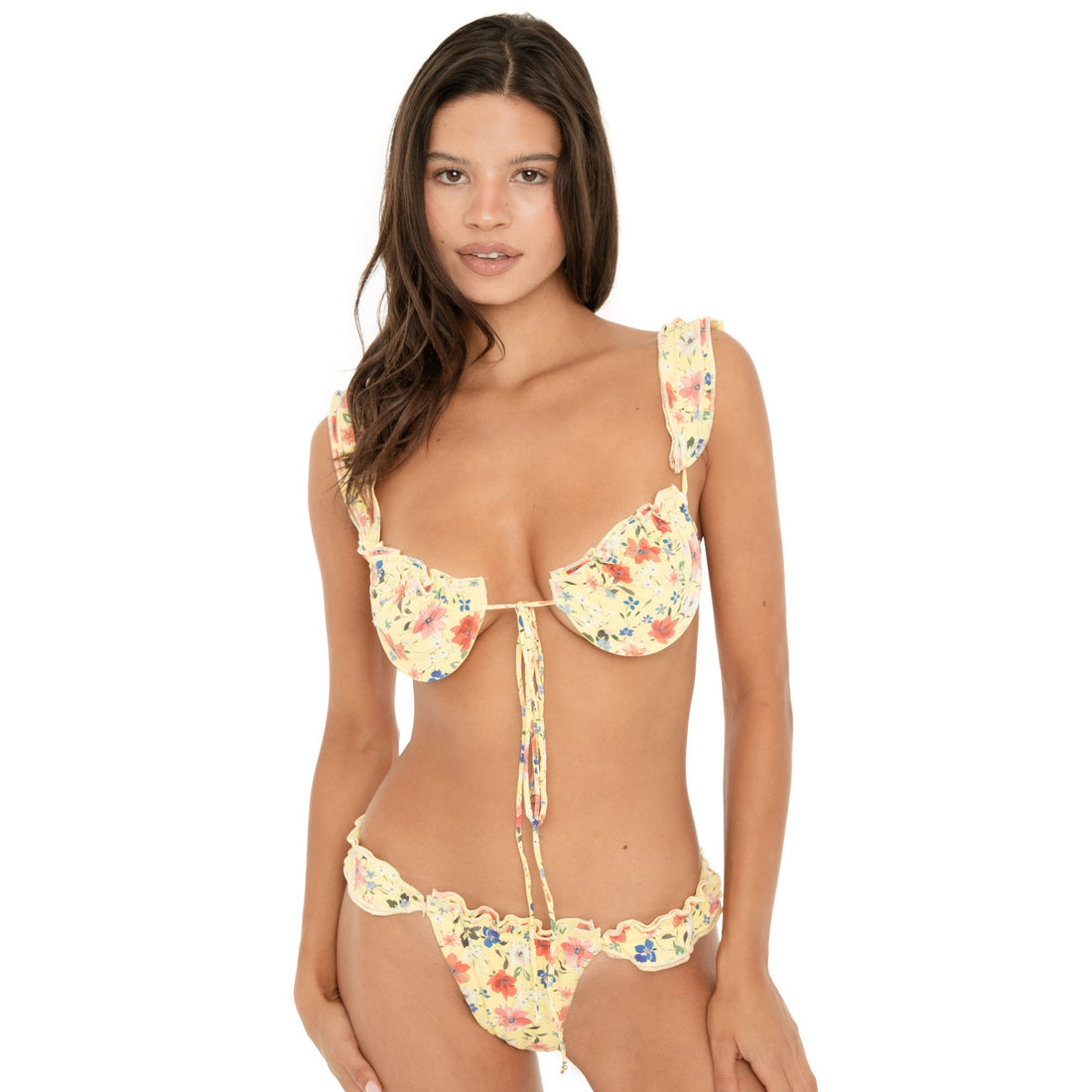 Front detail: Front view of the Nesi Swim Bottom in Lemon Blossom with matching top, highlighting the low-rise silhouette and ruffled waistband **lemon blossom