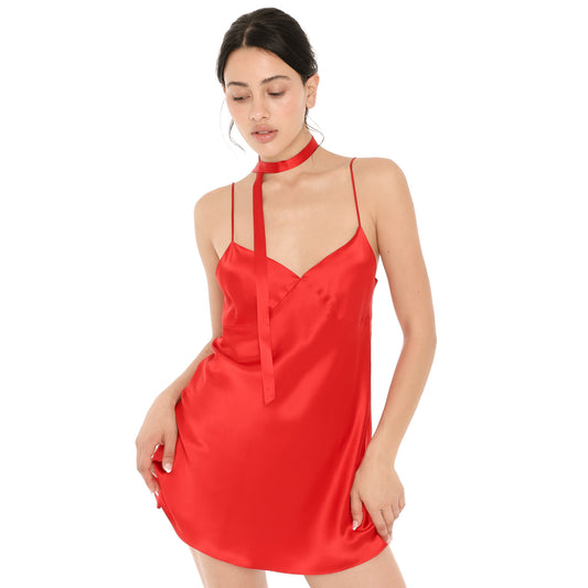 Model wearing the cherry red silk Nida Choker wrapped close at the neck with one tail falling down the front, styled with the matching cherry red Eisling Dress. **cherry red