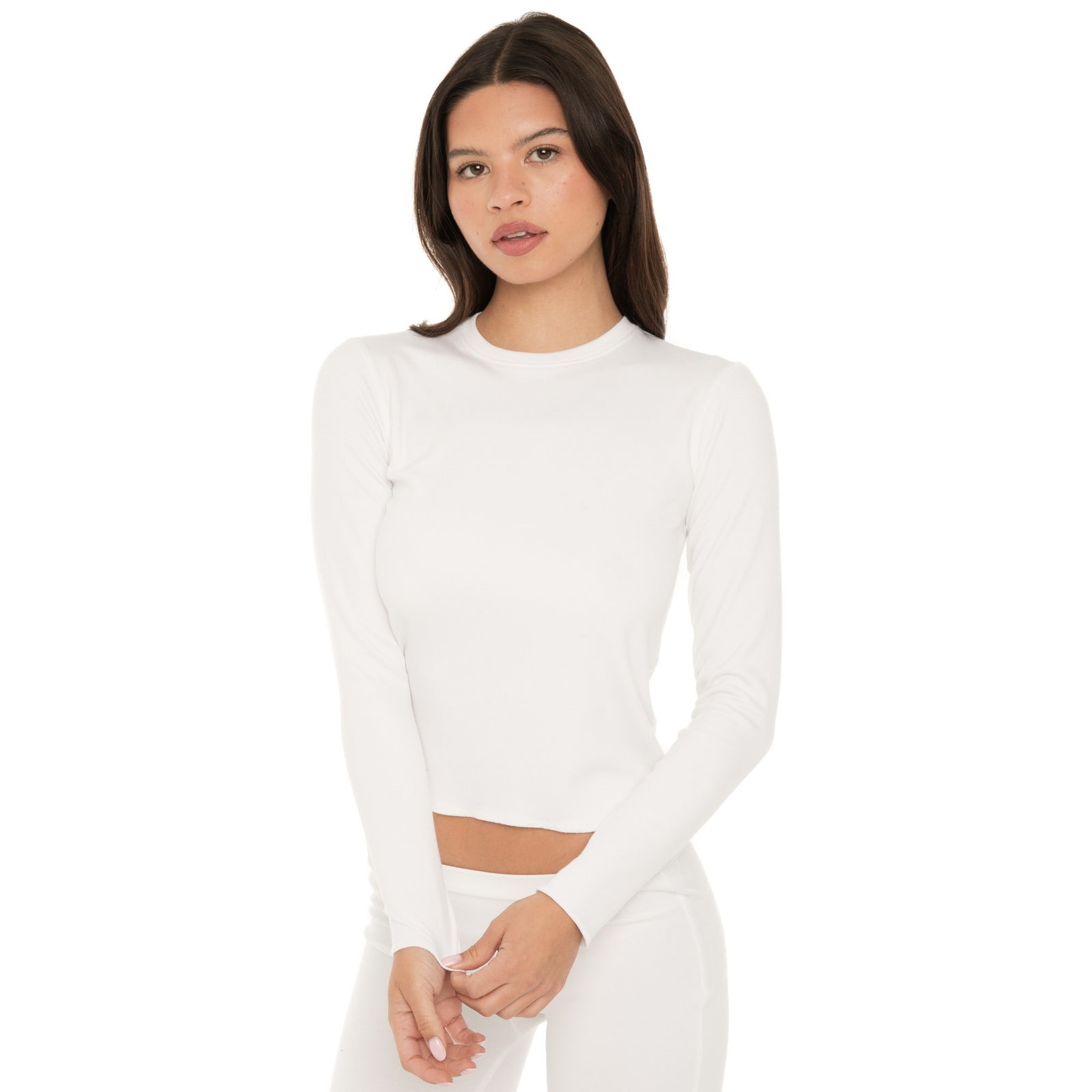 Front angled view of the NIIMA Top in white featuring the single-layered design and clean hem.**white