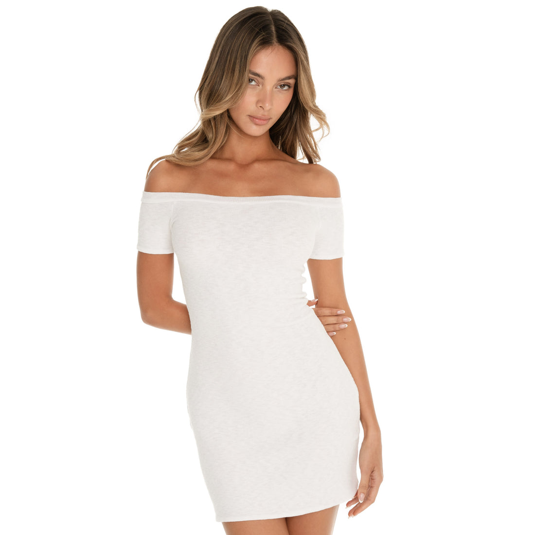White off shoulder mini dress, front view, sleek bodycon silhouette, minimal styling, **white