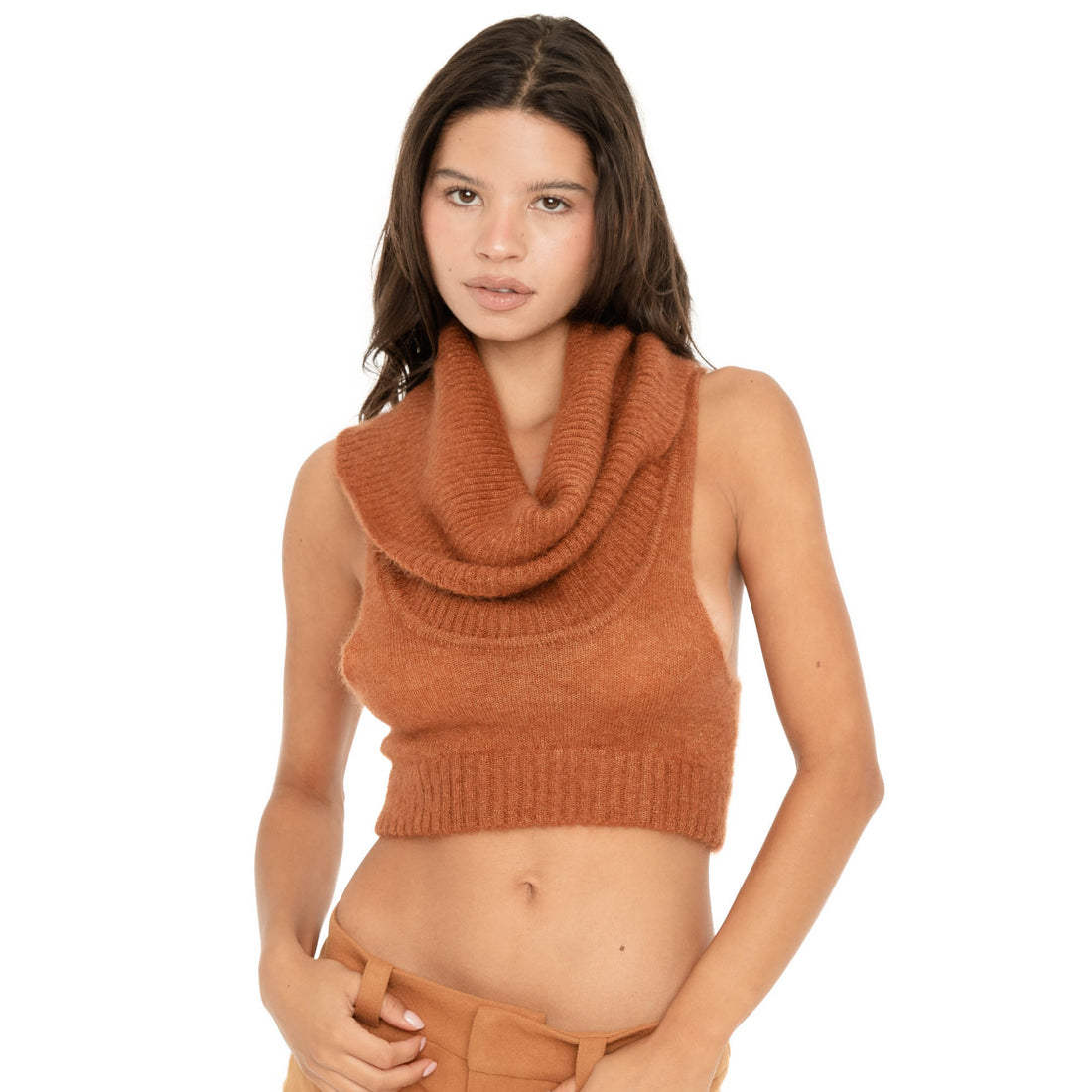Front close up of the Ponette Top in sienna featuring an oversized ribbed cowl neck, sleeveless silhouette and ribbed cropped hem **sienna