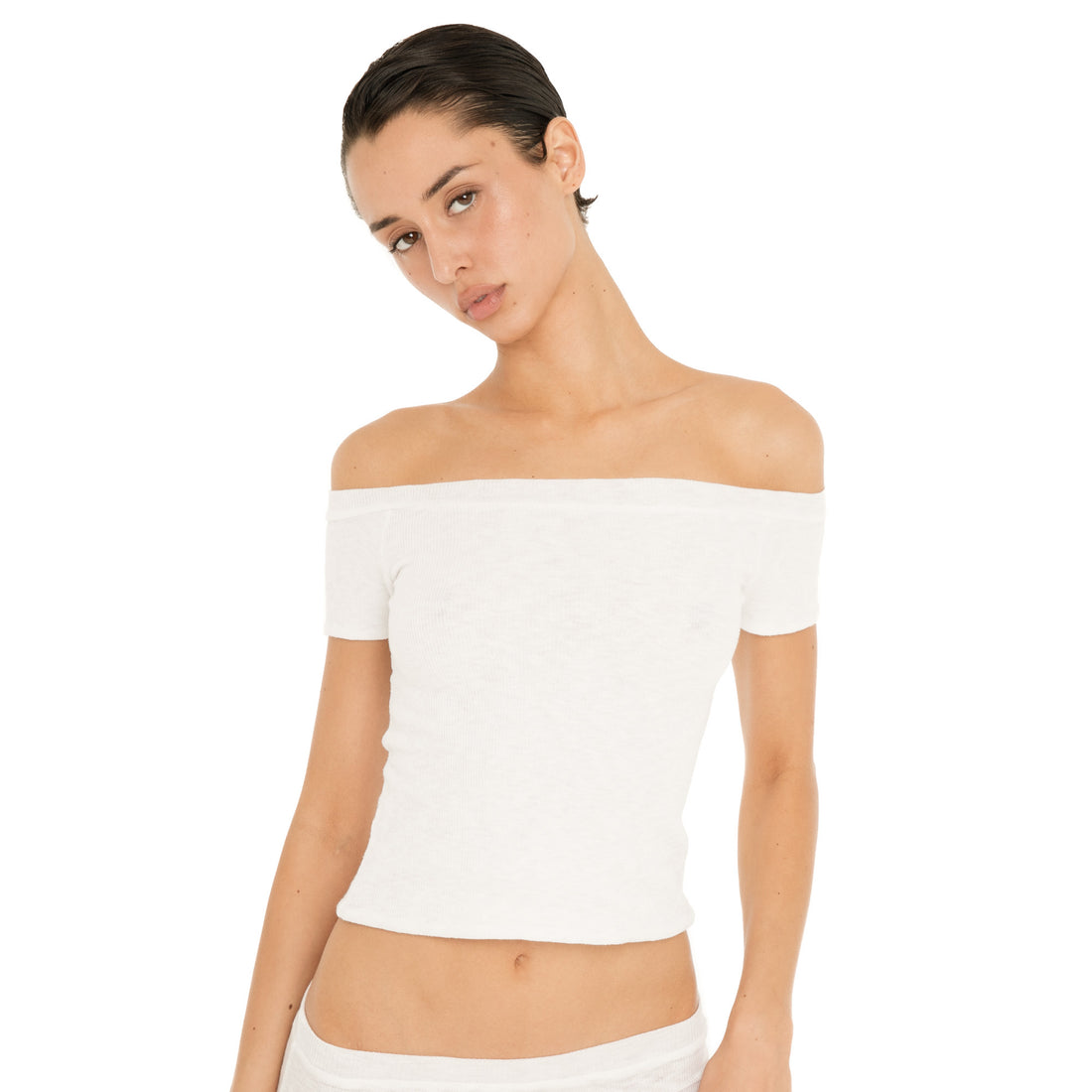 Close-up front view of the white Solei top with a fitted body, short sleeves, and wide off-the-shoulder neckline **white