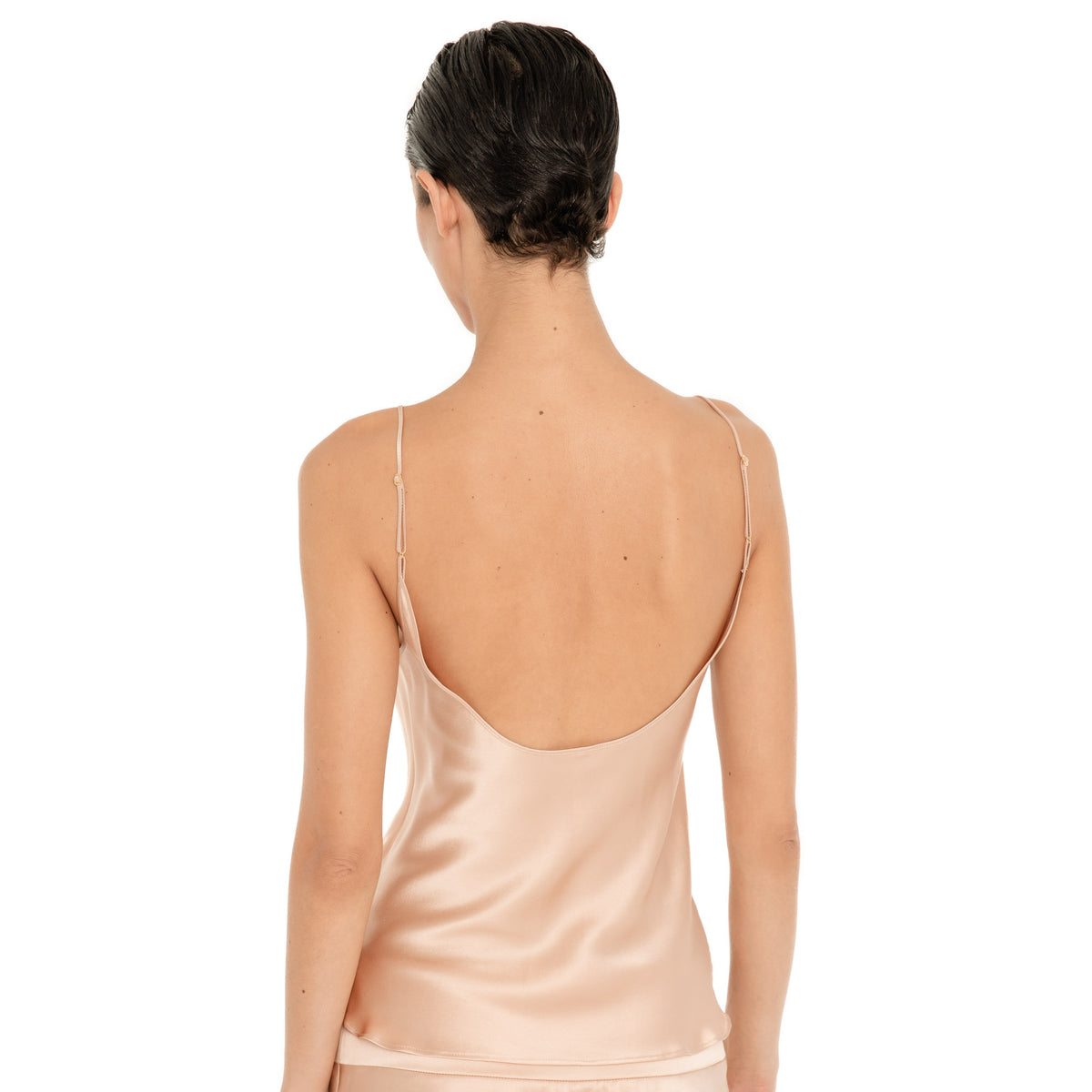 Back view of the Are You Am I Syra Camisole in Fawn, showing the low scoop back and adjustable spaghetti straps. **fawn