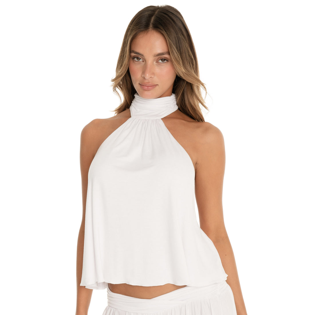 Front-facing portrait of white halter top emphasizing clean neckline and relaxed shape **white