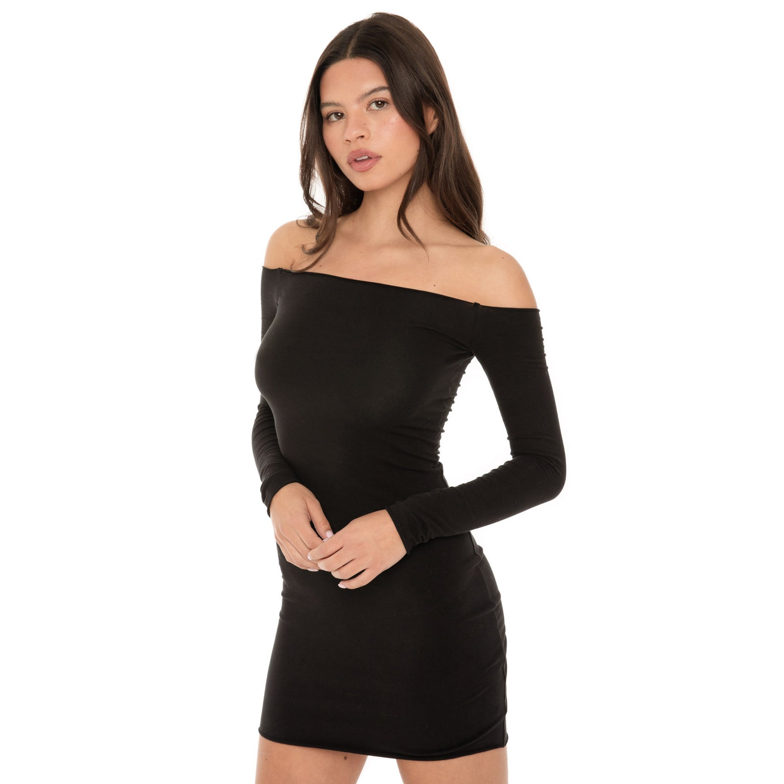 Three-quarter front view of black fitted off-the-shoulder mini dress highlighting the straight neckline and slim fit. **black