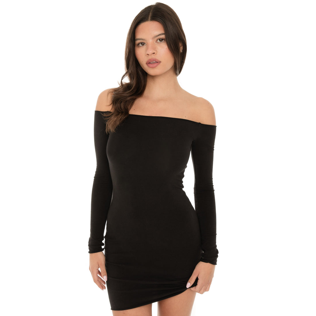 Front view of black off-the-shoulder long sleeve mini dress with smooth, close-fitting silhouette. **black