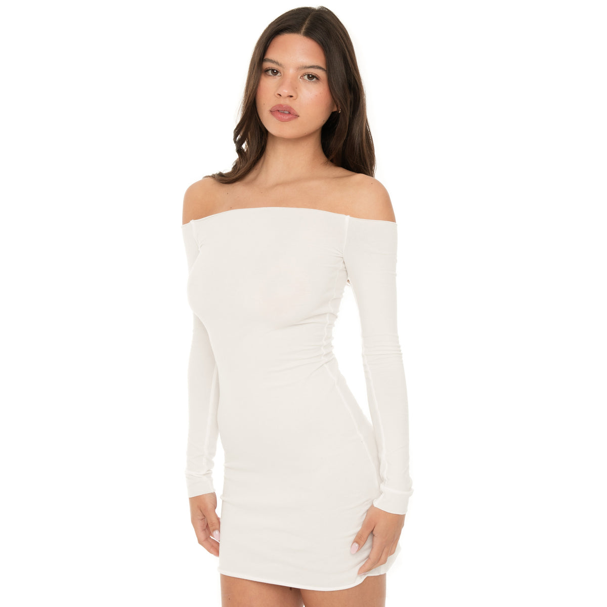 Angled front view of white fitted off-the-shoulder mini dress emphasizing long sleeves and clean neckline. **white
