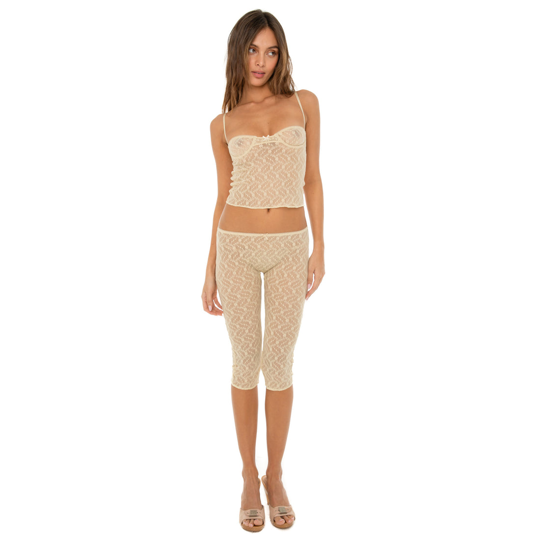 Full-body view of model wearing Are You Am I Lele Tank in nude lace with matching bottoms. **nude