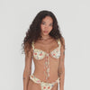 Model showcasing the Are You Am I Nesi Swim Top in Lemon Blossom, a ruffled balconette bikini with adjustable straps, styled with matching Nesi Swim Bottoms, turning to display details from all angles. **lemon blossom