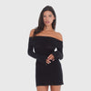 Video: Model wearing the Kina Dress in black, showing the sheer knit, off the shoulder neckline and fitted mini silhouette in motion. **black