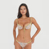 Video: Model wearing the Nailah paisley bikini bottom and coordinating paisley underwire bikini top, showing the swim set from multiple angles and highlighting the fit, paisley print, yellow contrast trim, and long center tie **paisley