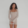 Video of Nyan Shrug in nude highlighting fit, movement, and layering versatility. **nude