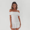 white off shoulder smocked mini dress in motion, showcasing ruffle neckline, fitted stretch bodice, and soft flared hem
