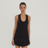 Video: Model wearing the black Suki Dress, showing the fit, movement, racerback and flounced drop-waist skirt from multiple angles. **black
