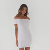 Model wearing white off shoulder mini dress in stretch jersey, fitted and contouring silhouette, showcasing movement and fit from multiple angles **white 