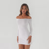 Model wearing a white off shoulder long sleeve mini dress, slowly shifting poses to show the fit from multiple angles, highlighting the stretch fabric, neckline, and body contouring silhouette **white