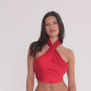 360-degree view of Ilta cherry red silk cross-front halter top, showing wrapped neckline, open back, and smooth satin drape. **cherry red