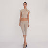 Model wearing the nude sheer floral lace Lyli Capri and matching cropped lace top, shown from multiple angles to demonstrate the fit, length, sheerness, and movement of the lace. **nude