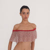 Liulu Floral Top in Cherry Blossom, a sheer floral lace off shoulder crop top with a flowing ruffle and red lace trim, shown in motion **cherry blossom