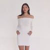 Model wearing a white off-the-shoulder long sleeve fitted mini dress, shown from front, side, and back to highlight neckline, fit, and fabric stretch. **white