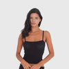 Video: Model wearing the Illi Tank in black, showing the sheer lightweight knit, slim straps and fitted silhouette in motion **black