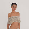 Liulu Floral Top in Sky Blossom, a sheer floral lace off shoulder crop top with a flowing ruffle and ivory lace trim, shown in motion **sky blossom