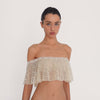 video: Model wearing the Liulu Top in nude, showing the movement, sheer floral lace and off shoulder ruffle silhouette from multiple angles **nude