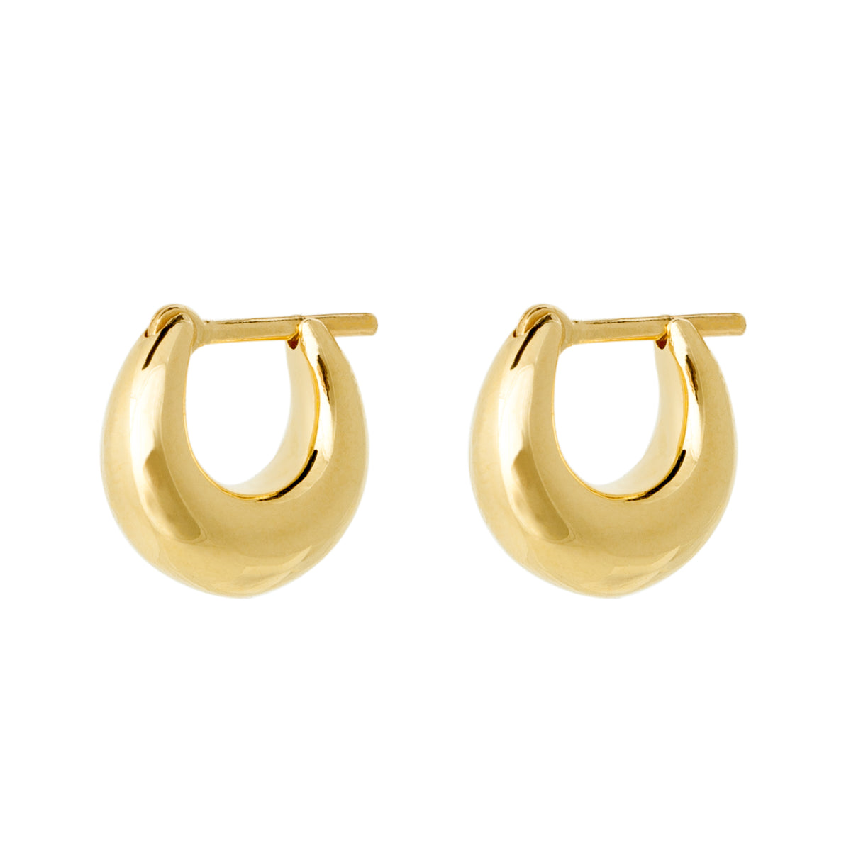 Close-up of a pair of gold-toned, chunky teardrop-shaped Fala Hoop earrings with a polished finish – gold.