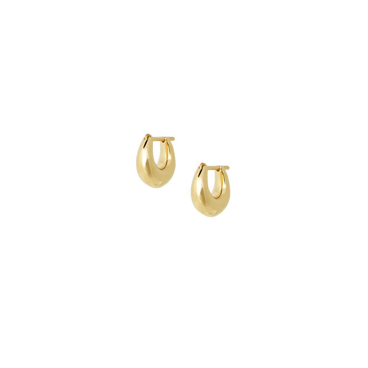 Isolated shot of the Fala Hoops in gold on a white background, showing their compact, curved shape.